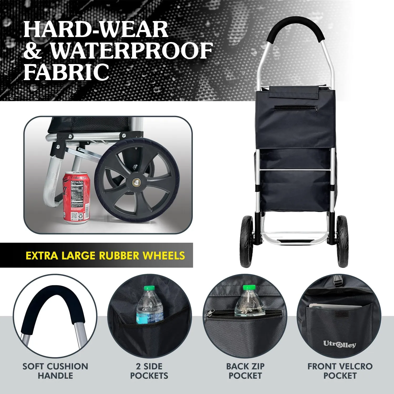 Ultra-Lightweight Black Foldable Shopping Cart for Groceries - Large 42L Capacity Soft Rolling Wheels, Removable Bag, Multi-Function Personal Hand Truck