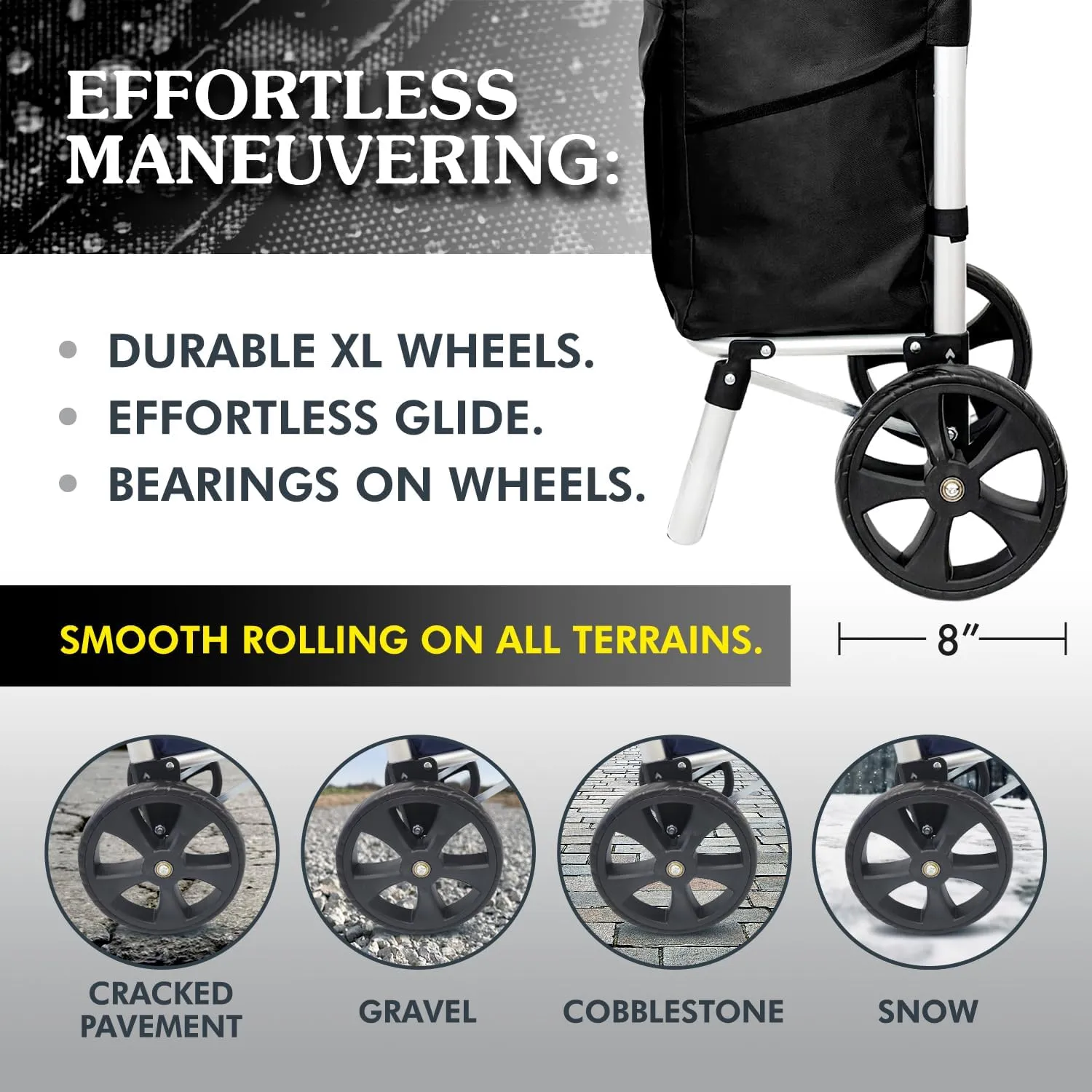 Ultra-Lightweight Black Foldable Shopping Cart for Groceries - Large 42L Capacity Soft Rolling Wheels, Removable Bag, Multi-Function Personal Hand Truck