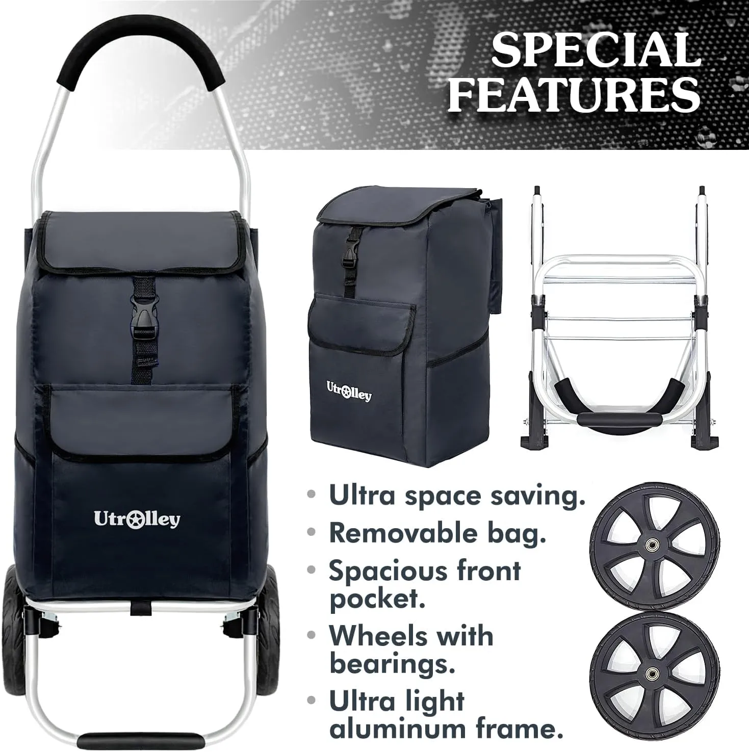Ultra-Lightweight Black Foldable Shopping Cart for Groceries - Large 42L Capacity Soft Rolling Wheels, Removable Bag, Multi-Function Personal Hand Truck