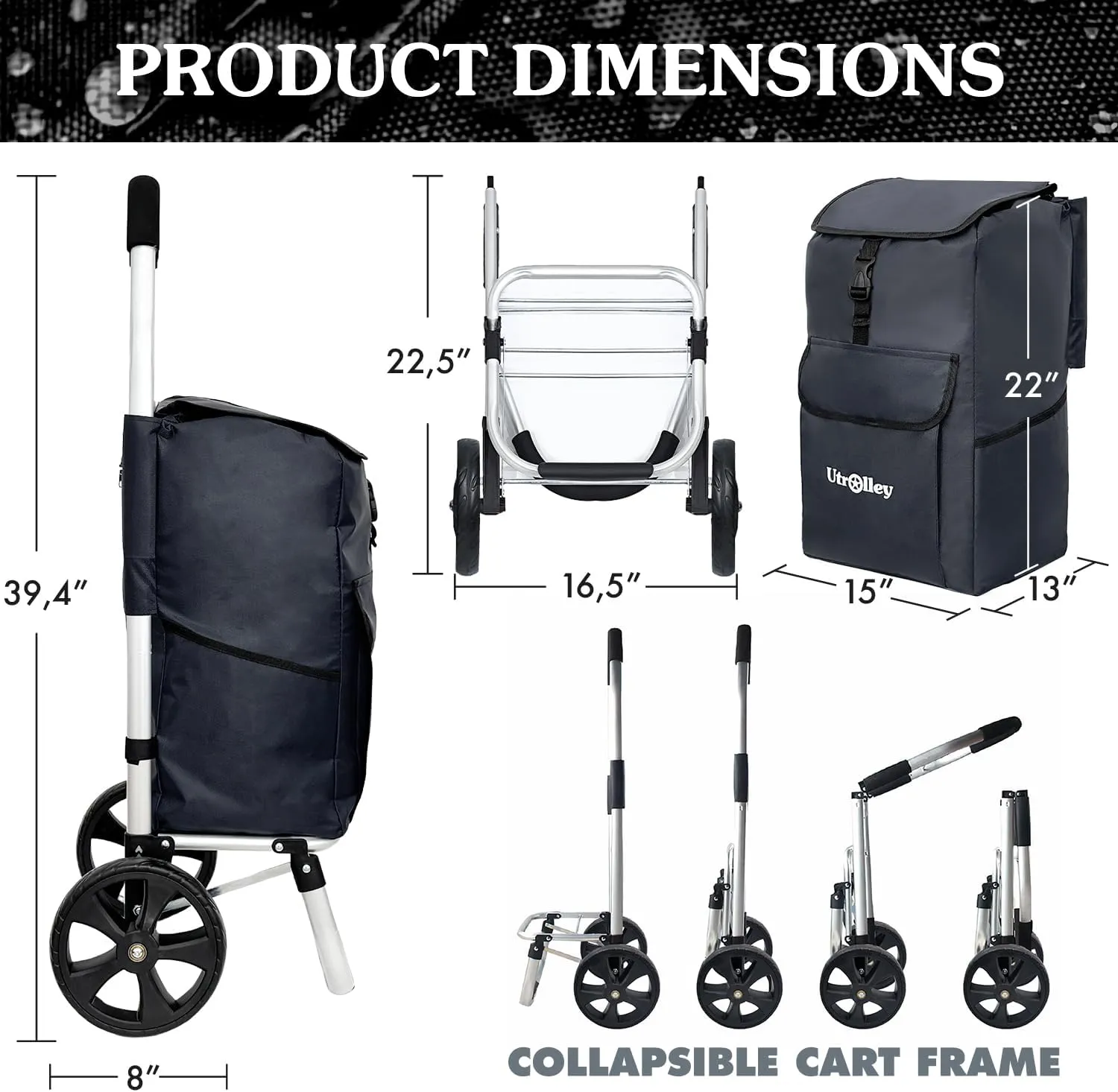 Ultra-Lightweight Black Foldable Shopping Cart for Groceries - Large 42L Capacity Soft Rolling Wheels, Removable Bag, Multi-Function Personal Hand Truck