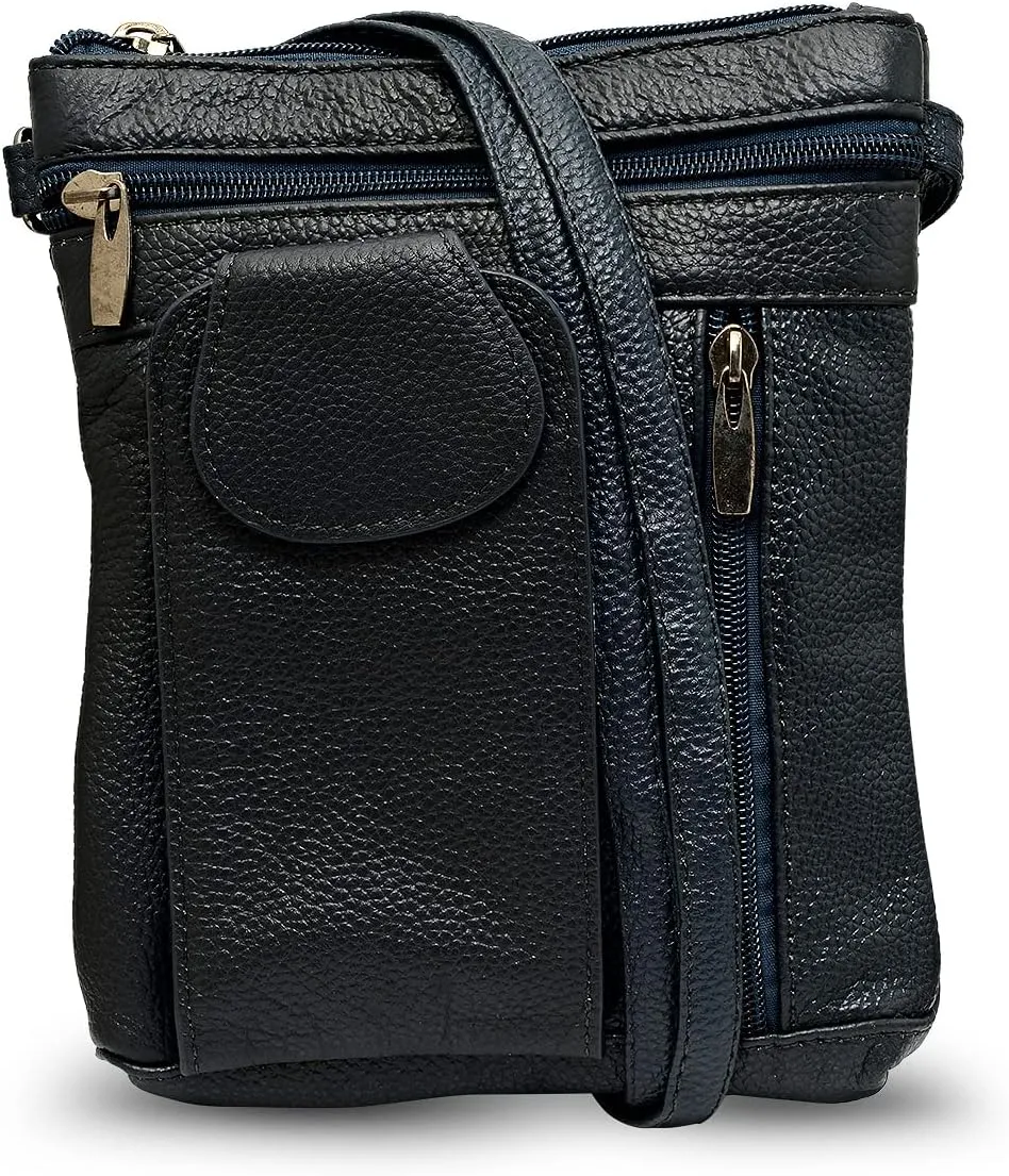 Unisex Super Soft Leather Crossbody Bag with 5 Compartments a Phone Pocket and Carrying Strap