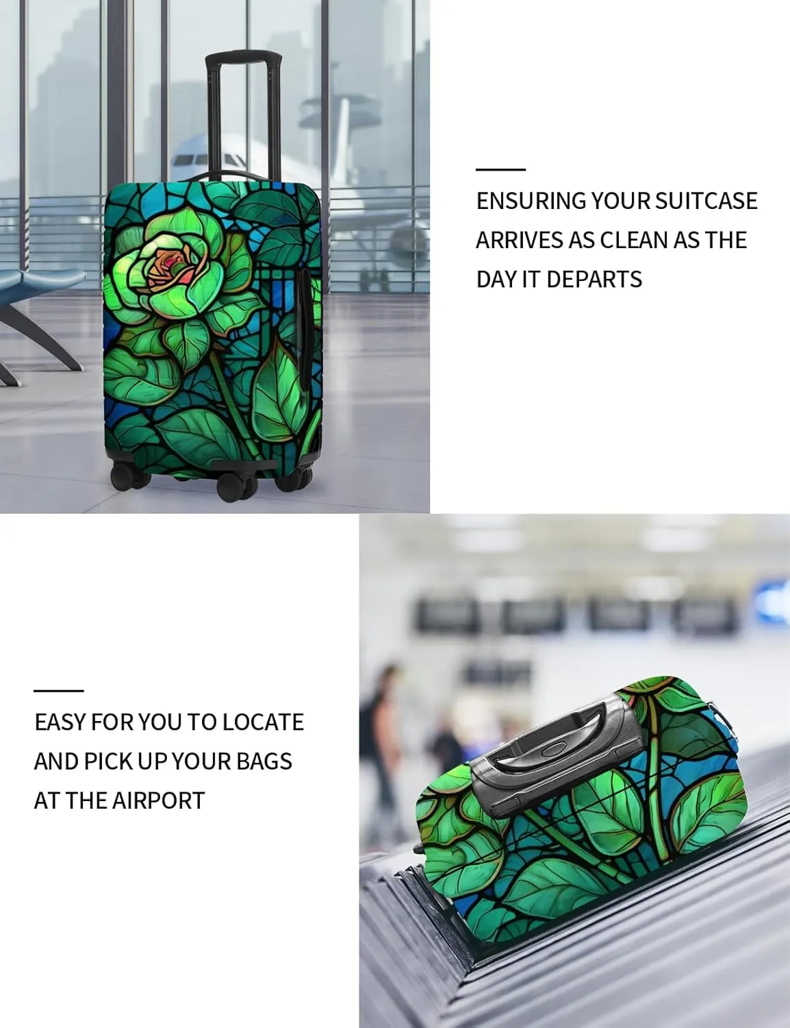 URBEST Luggage Cover Protector Suitcase Anti Scratch Dirt Covers, Fits 18"-22" Luggage Stained Glass Green Rose
