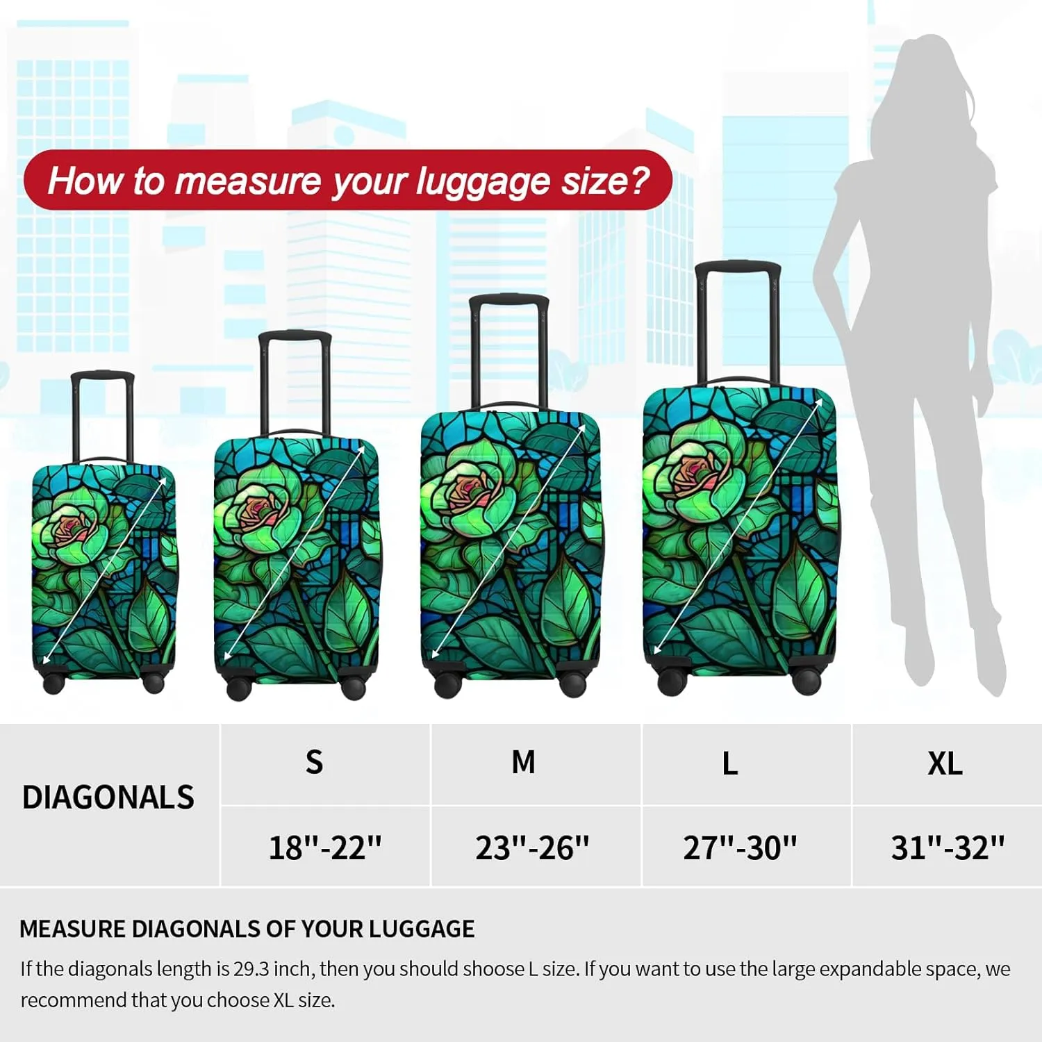URBEST Luggage Cover Protector Suitcase Anti Scratch Dirt Covers, Fits 18"-22" Luggage Stained Glass Green Rose