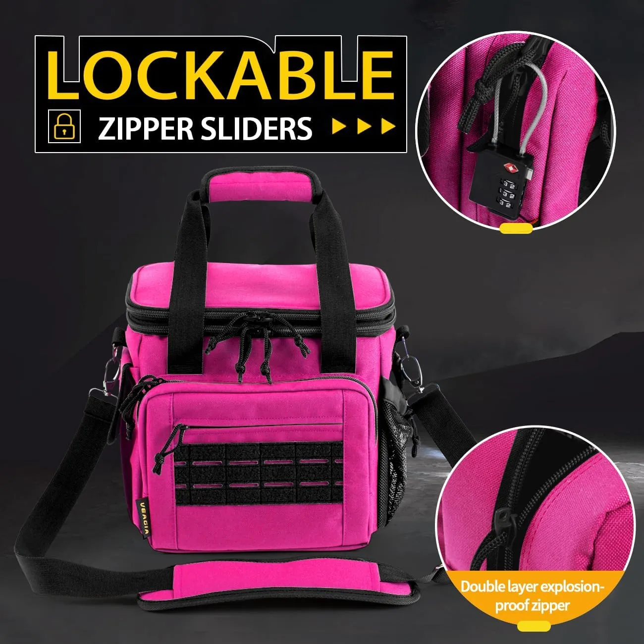 VEAGIA Tactical Range Bag,Pistol Case,Soft Gun Case Range Bags For Handguns And Ammo Safe Lockable Double Layer Explosion Proof Zipper Multi Pistol Carrying Bags (Pink)