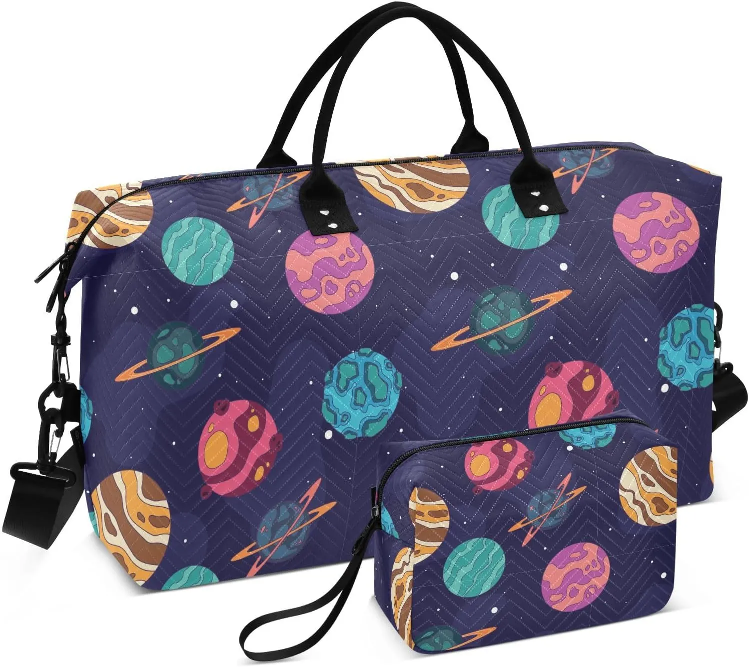 VIGTRO Travel Duffel Bag Weekender Overnight Bag with Toiletry Bag Colorful Planets Universe Printed, Carry On Luggage Bag for Hospital Gym Travel Business, 2 Pcs Set