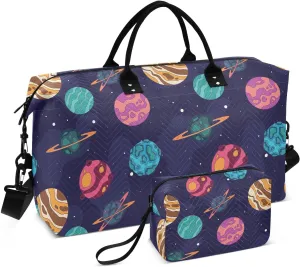 VIGTRO Travel Duffel Bag Weekender Overnight Bag with Toiletry Bag Colorful Planets Universe Printed, Carry On Luggage Bag for Hospital Gym Travel Business, 2 Pcs Set