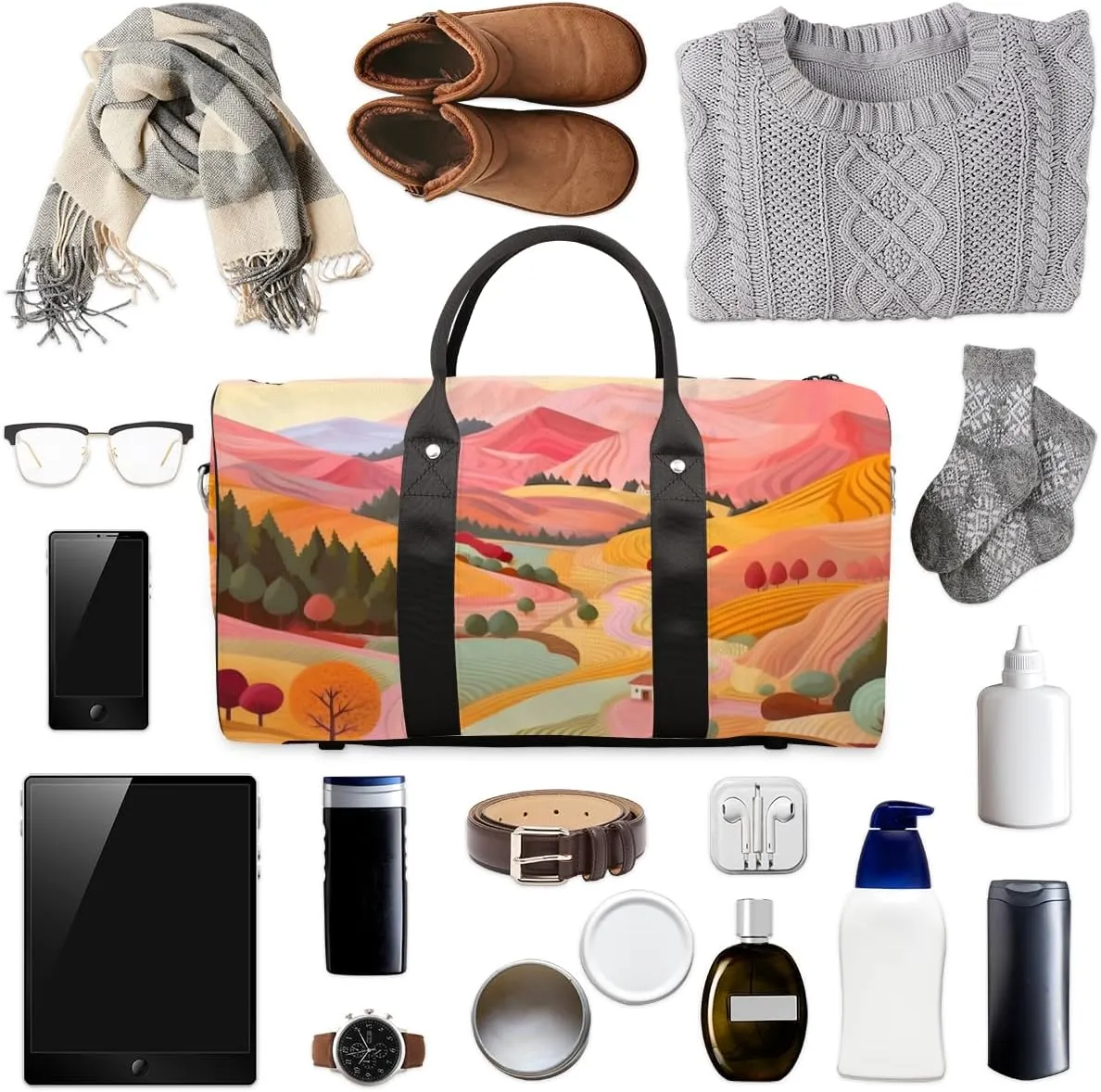 Village Scenery Travel Duffle Bag for Women Men Gym Duffel Foldable Bag Waterproof Weekender Colorful Nature Duffle Tote