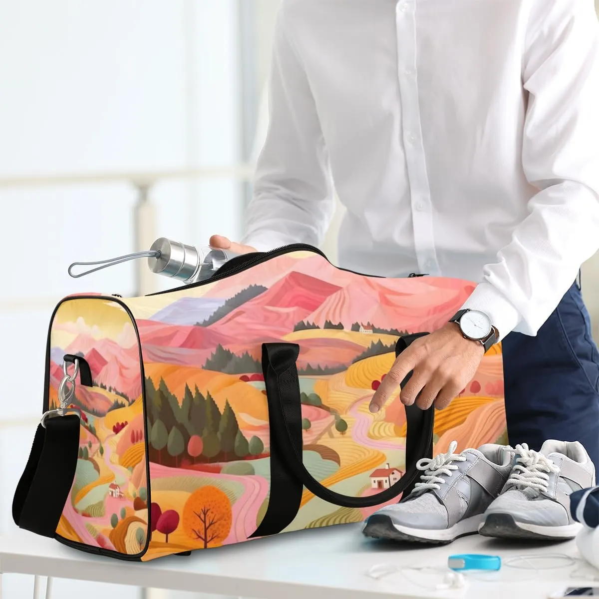 Village Scenery Travel Duffle Bag for Women Men Gym Duffel Foldable Bag Waterproof Weekender Colorful Nature Duffle Tote
