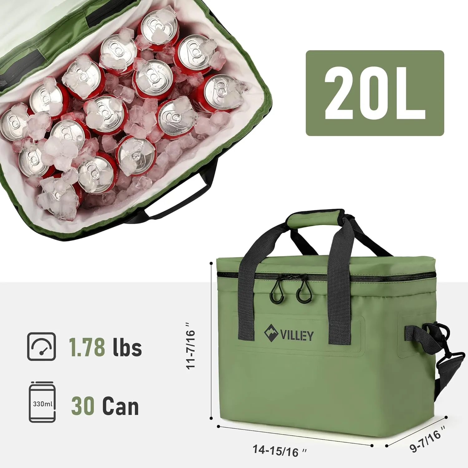 VILLEY Cooler Bag, 30 Cans Insulated Soft Cooler Bag, Large Beach Cooler with Removable Shoulder Strap, Keep Cold/Keep Fresh/Keep Warm, Portable Soft Sided Cooler for Camping Trip Picnic, 20L