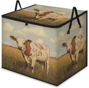 Vintage Cattle Large Storage Bags Cow Grassland Foldable Clothes Storage Bins Blanket Organizers Storage Containers with Reinforced Handles for Closet Comforter Pillow Bedding