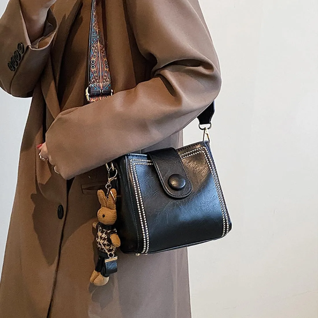 Vintage Fashion Bag with Adjustable Wider Shoulder Strap,Women's Vintage Bucket Bags,Retro Water Bucket Shoulder Bag