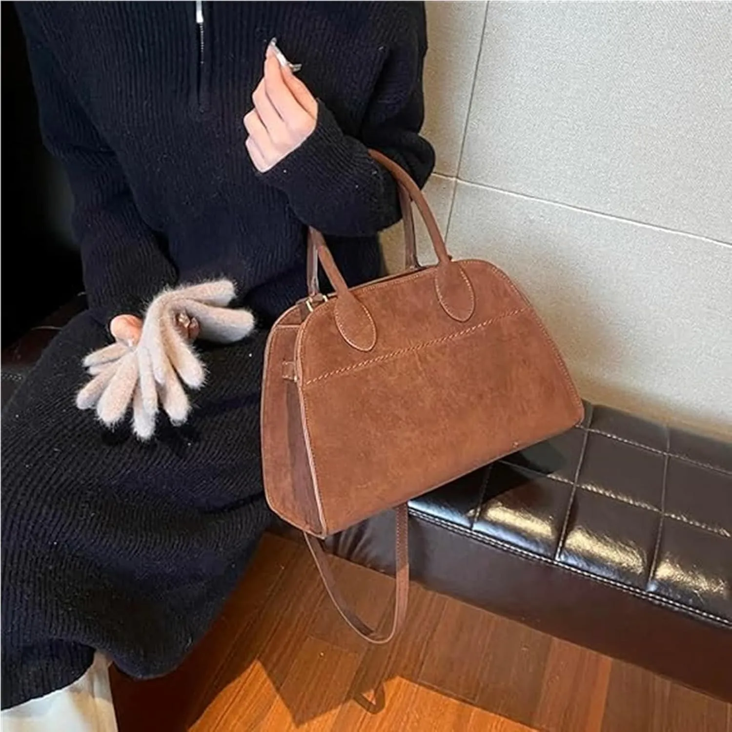 Vintage Suede Tote Bag for Women,Adjustable Strap Fashion Retro Handle Bags,Large Capacity Crossbody Shoulder Satchel