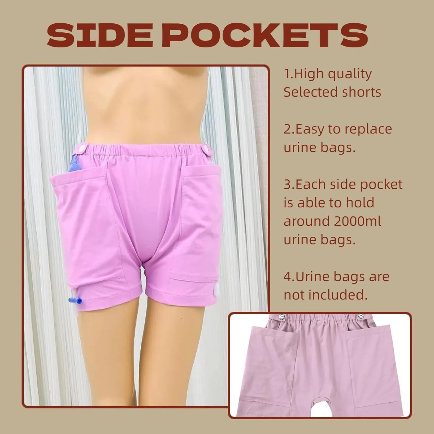 WEEOATAR Women Ostomy Pants Patient Underwear Incontinence Care Shorts,2 Side Pockets to Store Urine Bags Easy to Use,Fistula Pants for Nephrostomy,Suprapubic and Biliary Catheters(Blue,L)