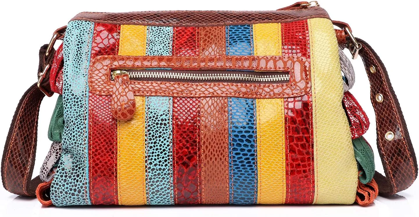 Women Multicolor Genuine Leather Boston Tote Bag Colorful Handbag Crossbody Bags