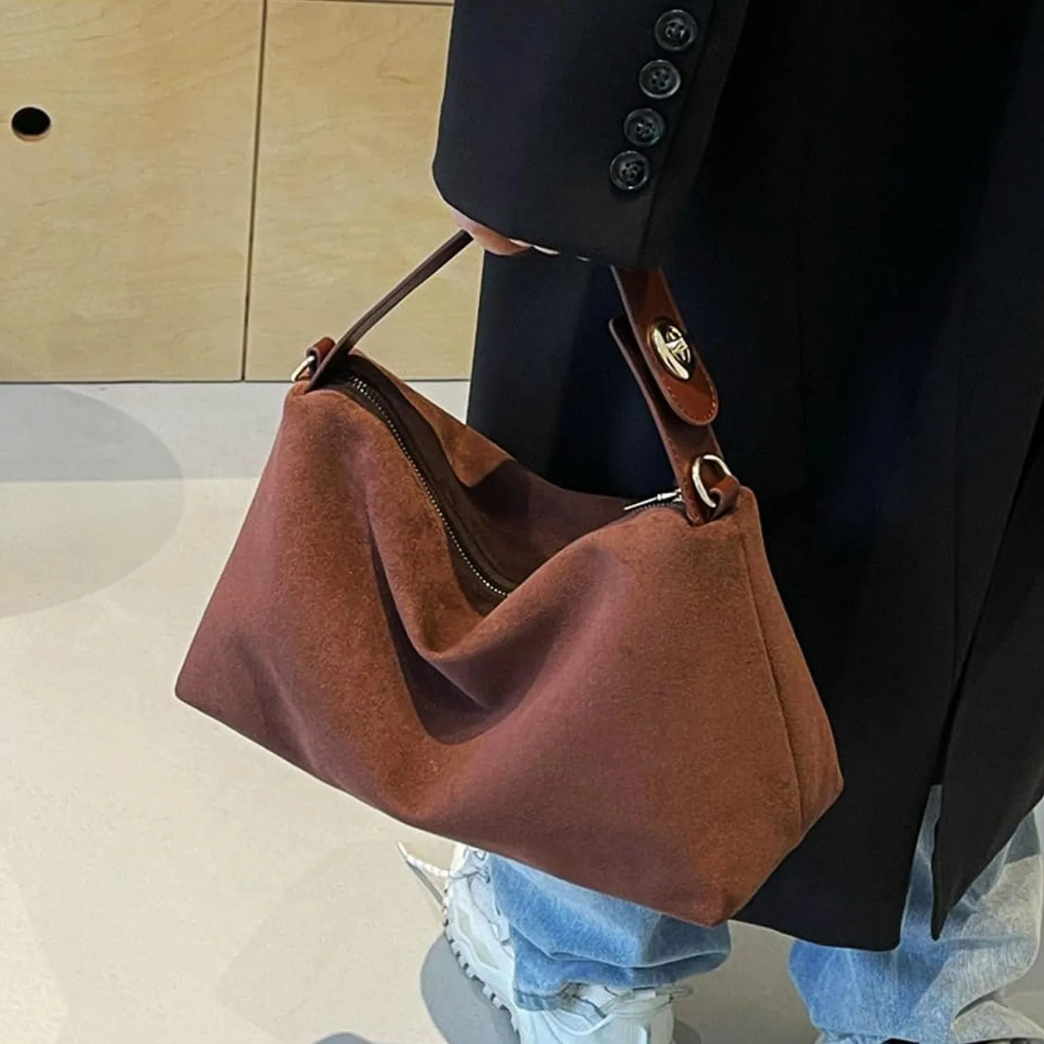Women Suede Hobo Bags - Vintage Leather Slouchy Shoulder Tote Handbag