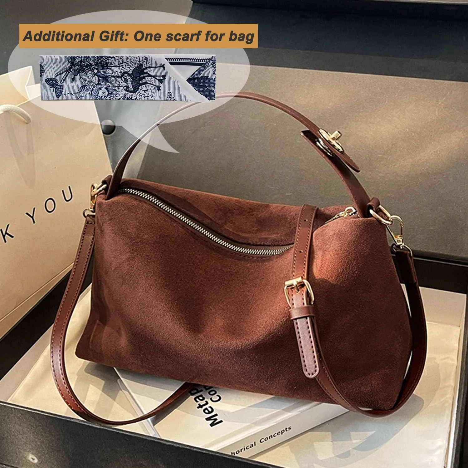 Women Suede Hobo Bags - Vintage Leather Slouchy Shoulder Tote Handbag