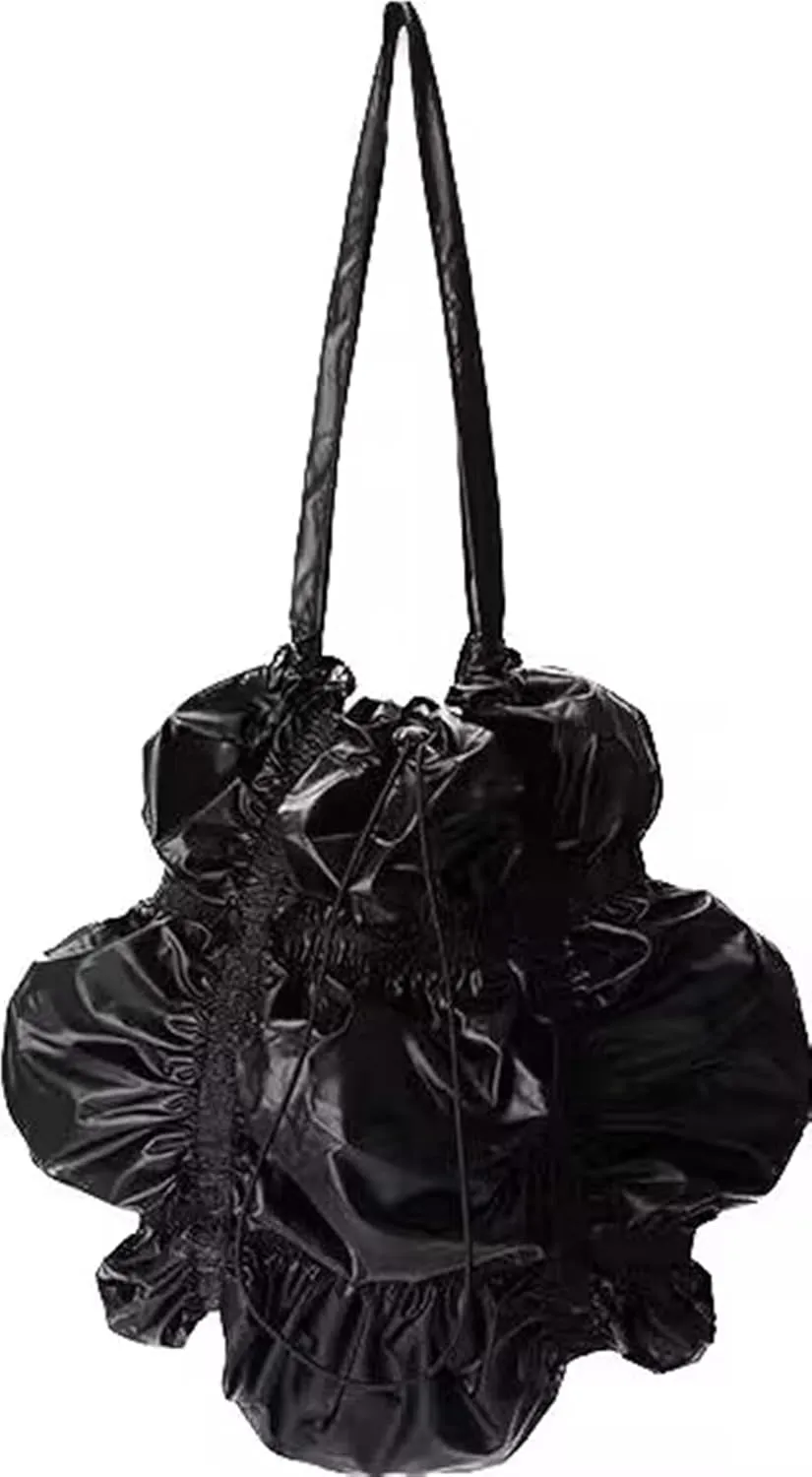 Women's Flower Shaped Shoulder Bag Pleated Drawstring Bags Long Strap Metallic Color Silver Cross body Bag For Lady