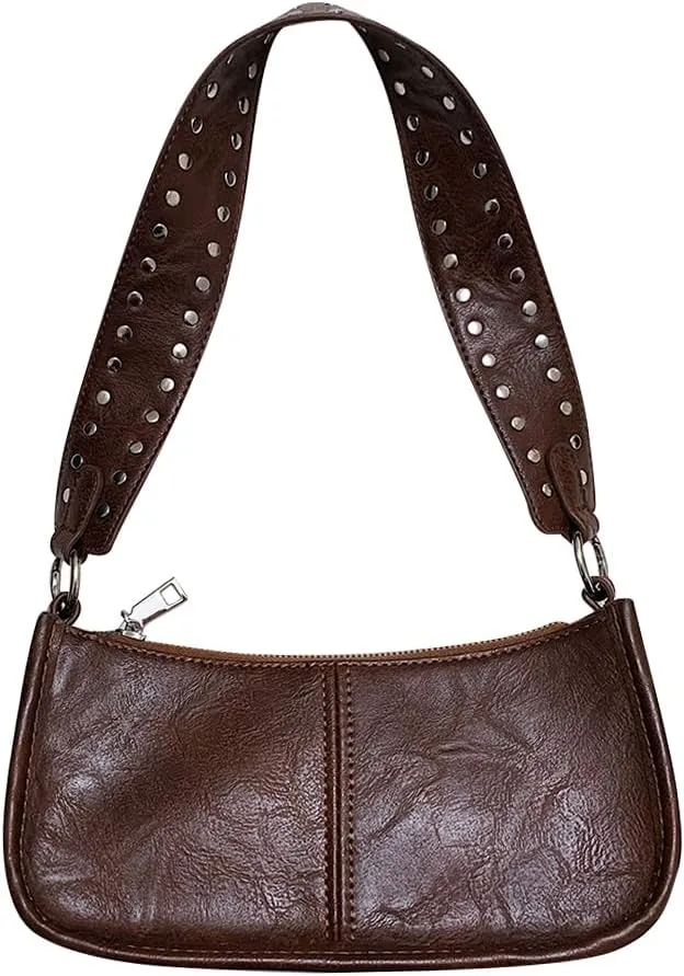 Womens Leather Shoulder Bag Small Y2K Purse Handbag Mini Crossbody Going Out Bags with Studded Decor Straps