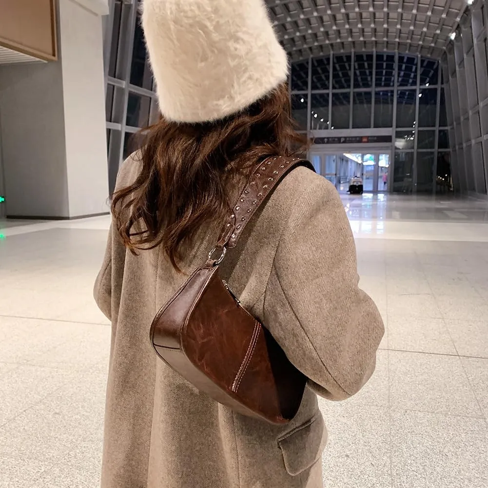 Womens Leather Shoulder Bag Small Y2K Purse Handbag Mini Crossbody Going Out Bags with Studded Decor Straps