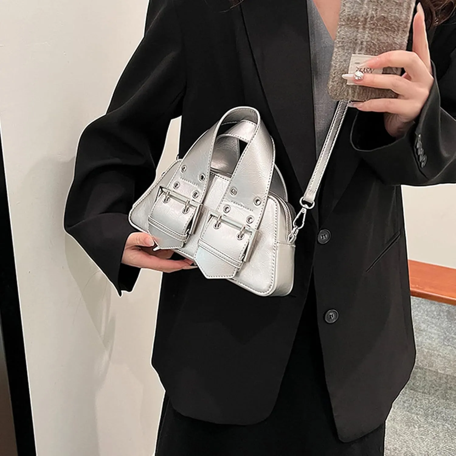 Women's Top Handle Bag Y2k Designer PU Leather Shoulder Bags Aesthetic Bag Crossbody Purse Bag for Women