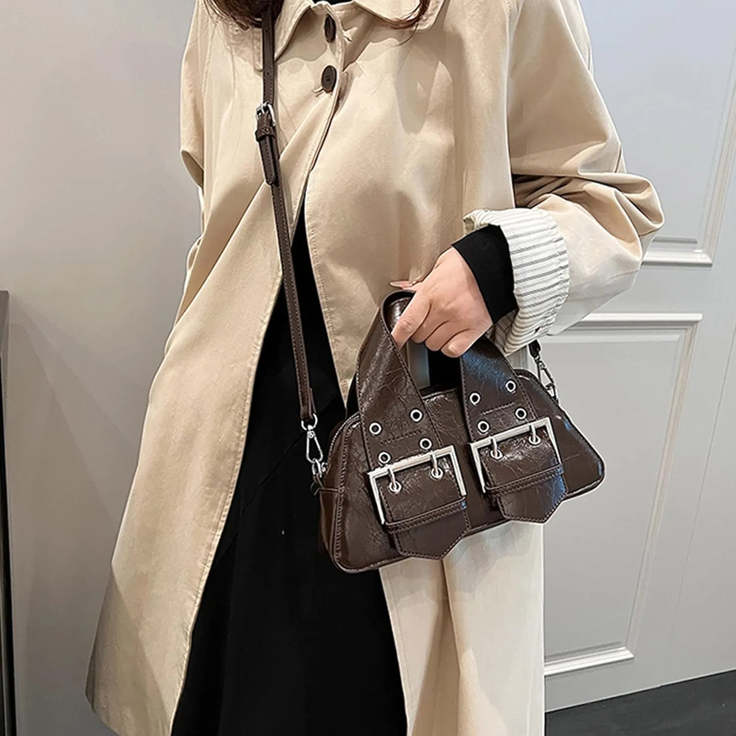 Women's Top Handle Bag Y2k Designer PU Leather Shoulder Bags Aesthetic Bag Crossbody Purse Bag for Women