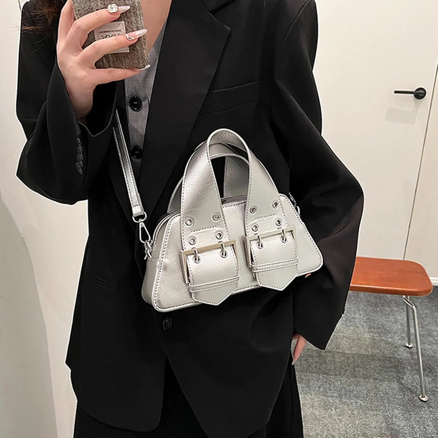 Women's Top Handle Bag Y2k Designer PU Leather Shoulder Bags Aesthetic Bag Crossbody Purse Bag for Women
