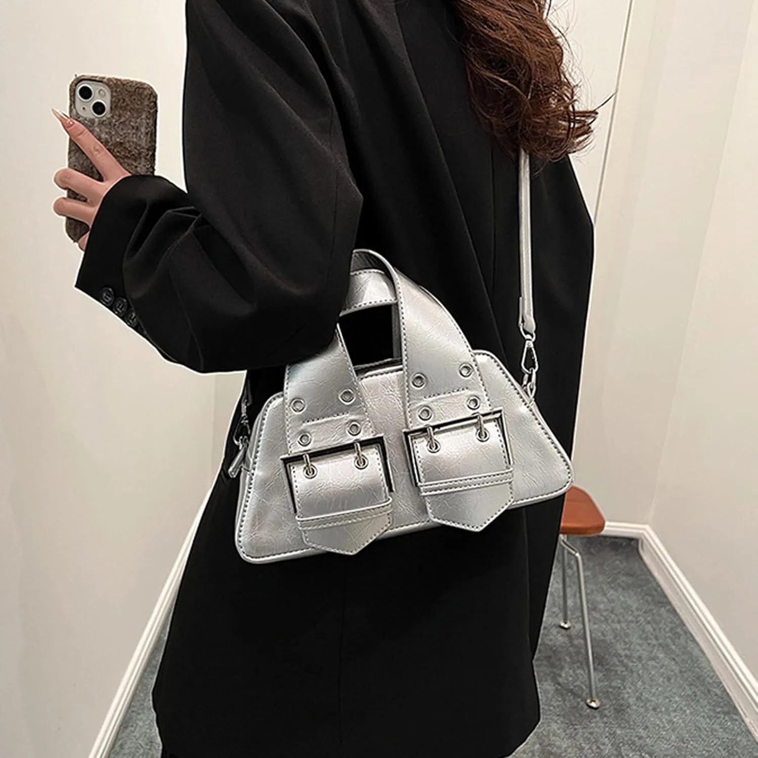 Women's Top Handle Bag Y2k Designer PU Leather Shoulder Bags Aesthetic Bag Crossbody Purse Bag for Women