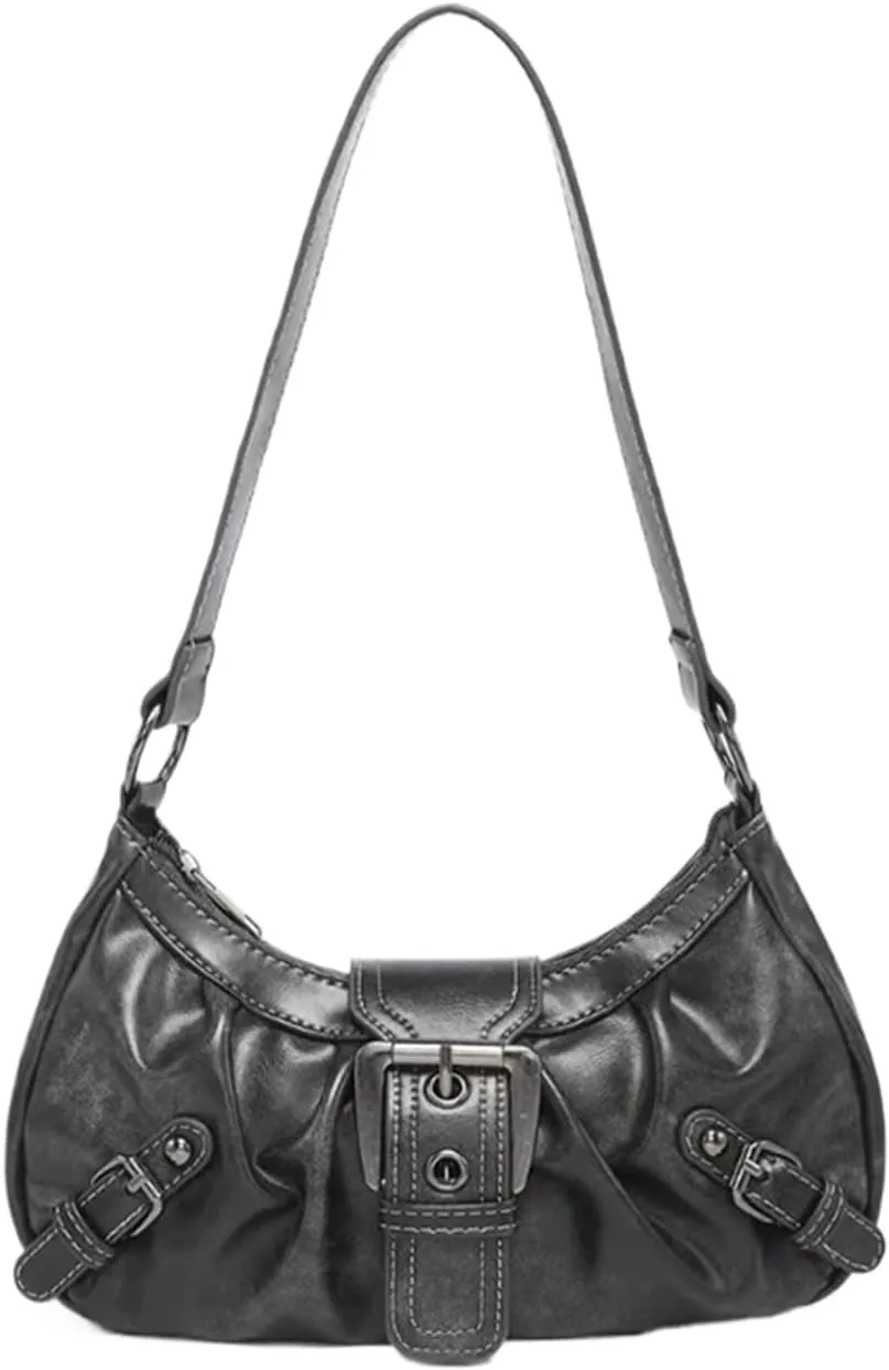 Women's Y2K Hobo Shoulder Bag - Vintage Punk Clutch Black PU Handbag with Zipper & Button Closure, Metal Accents