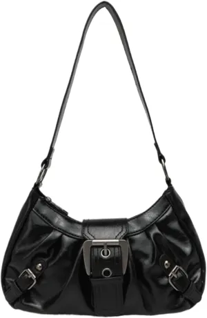 Women's Y2K Hobo Shoulder Bag - Vintage Punk Clutch Black PU Handbag with Zipper & Button Closure, Metal Accents