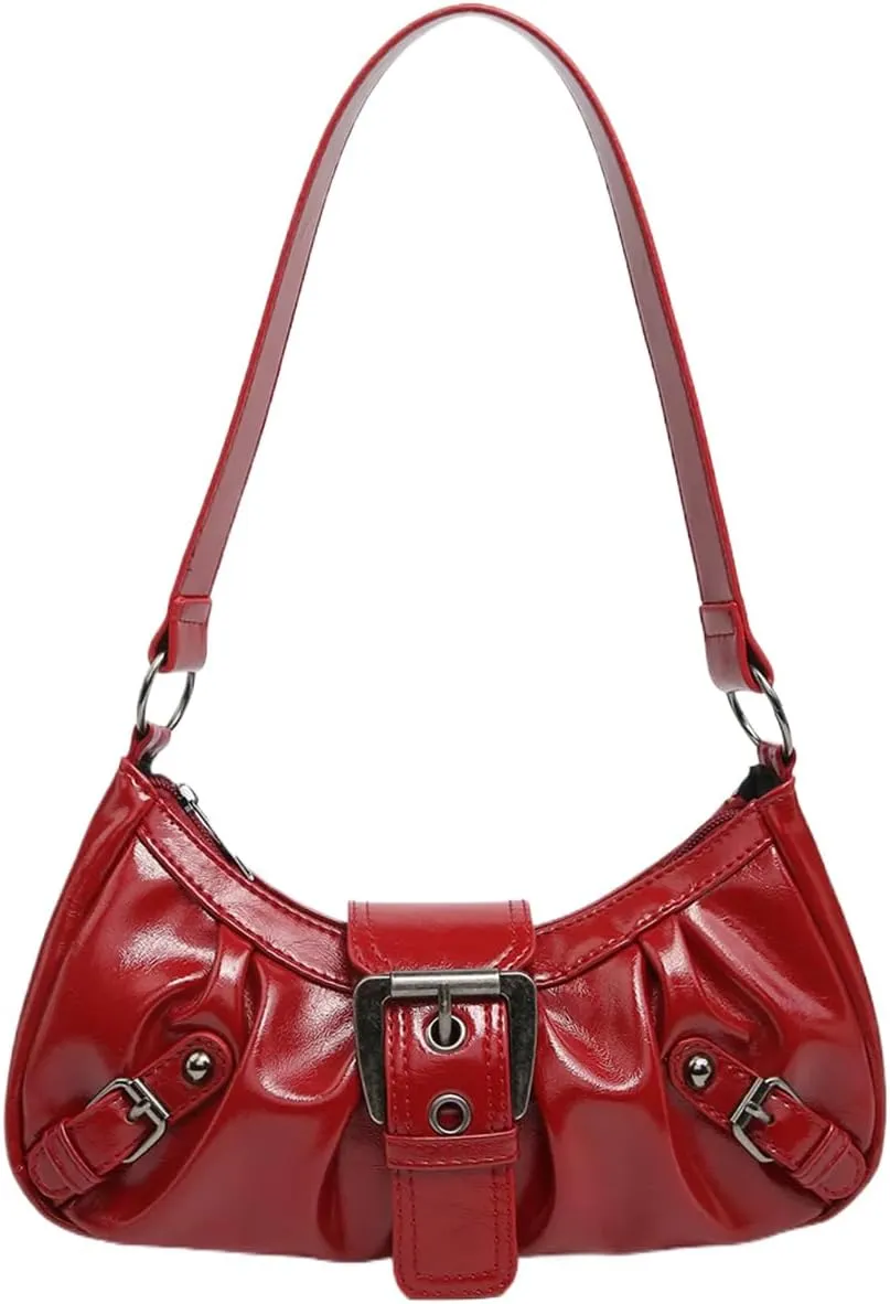 Women's Y2K Hobo Shoulder Bag - Vintage Punk Clutch Black PU Handbag with Zipper & Button Closure, Metal Accents
