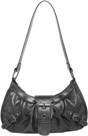 Women's Y2K Hobo Shoulder Bag - Vintage Punk Clutch Black PU Handbag with Zipper & Button Closure, Metal Accents