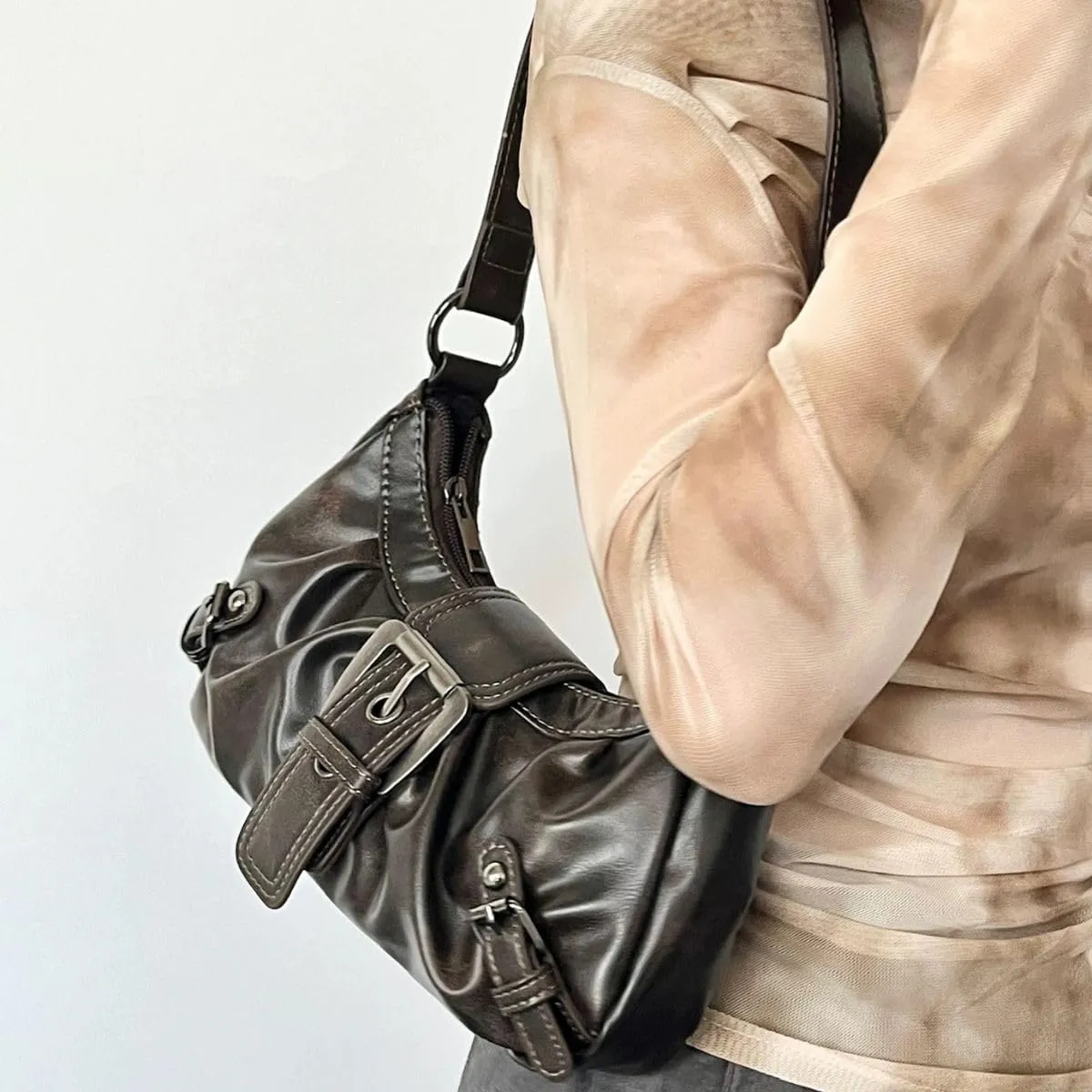 Women's Y2K Hobo Shoulder Bag - Vintage Punk Clutch Black PU Handbag with Zipper & Button Closure, Metal Accents