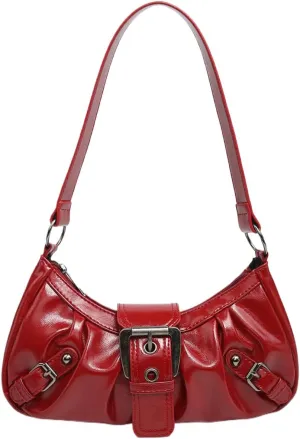 Women's Y2K Hobo Shoulder Bag - Vintage Punk Clutch Black PU Handbag with Zipper & Button Closure, Metal Accents