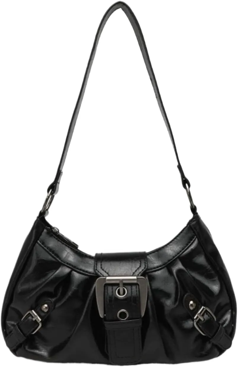 Women's Y2K Hobo Shoulder Bag - Vintage Punk Clutch Black PU Handbag with Zipper & Button Closure, Metal Accents