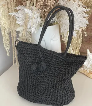 WOVEN POM POM TOTE - BLACK