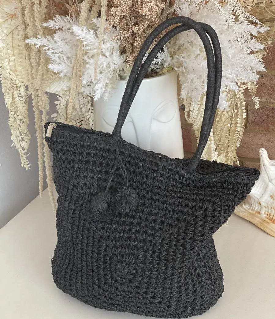 WOVEN POM POM TOTE - BLACK