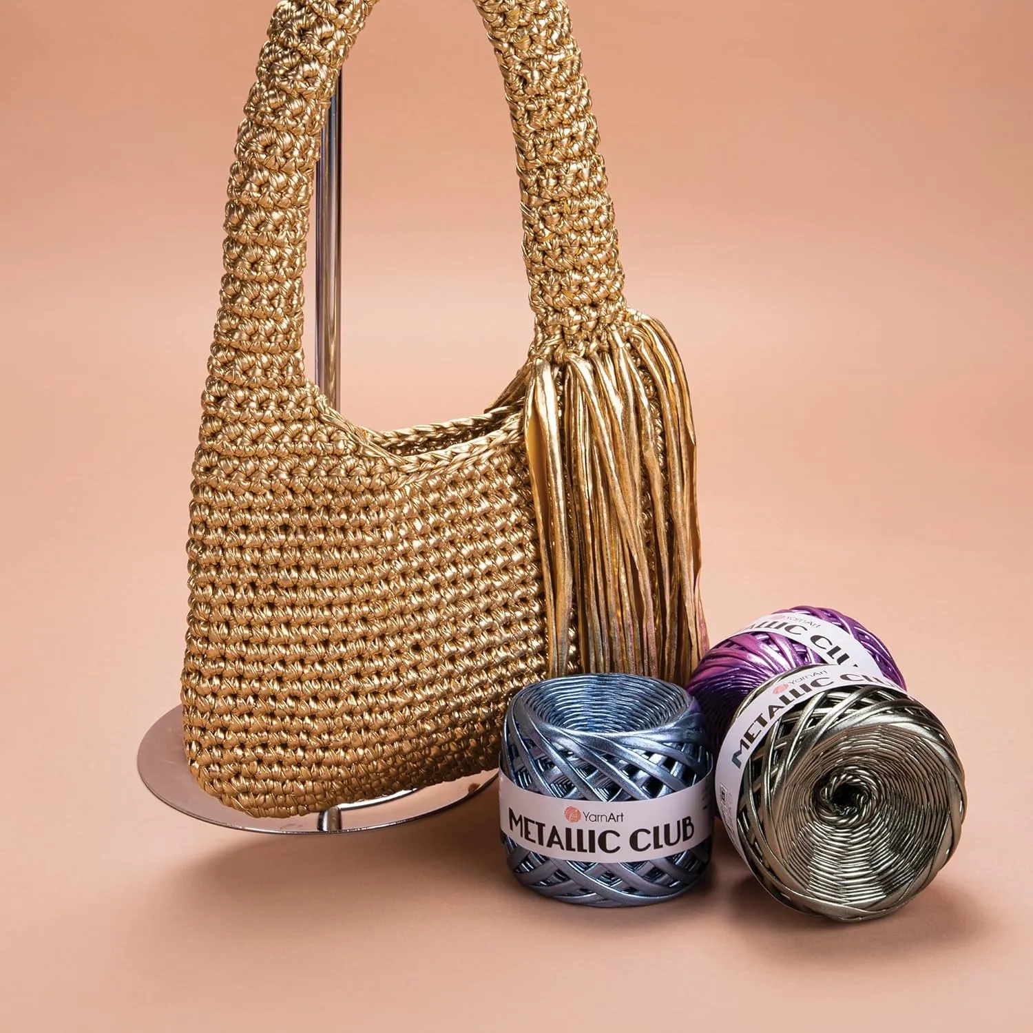 YarnArt Metallic Club – Super Bulky T-Shirt Yarn, 100% Polyester, 6.35 oz (180g), 60 yds (55m), Shiny Multicolor Thread for Handbags, Chic Night Bags, and Crochet Projects (8102)