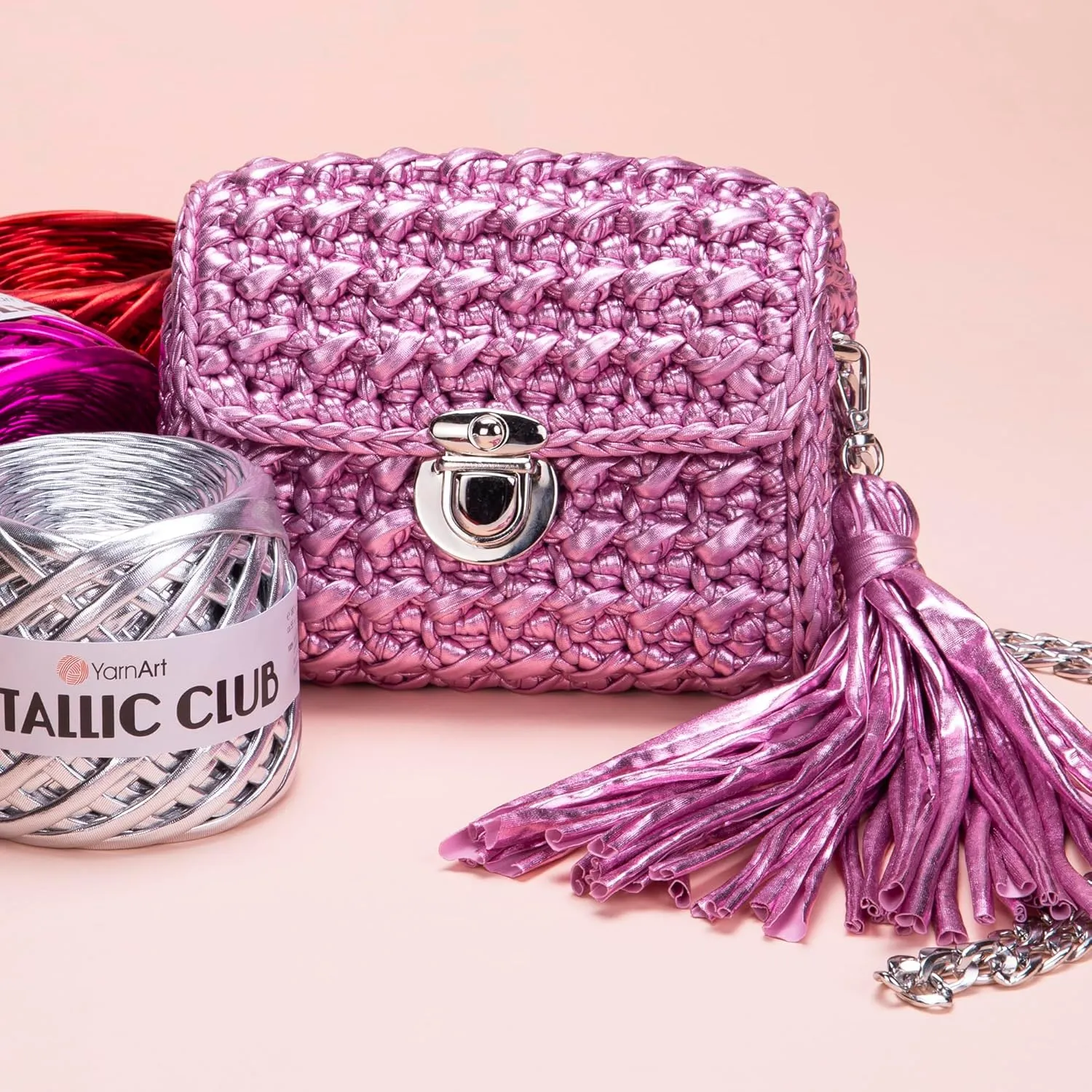 YarnArt Metallic Club – Super Bulky T-Shirt Yarn, 100% Polyester, 6.35 oz (180g), 60 yds (55m), Shiny Multicolor Thread for Handbags, Chic Night Bags, and Crochet Projects (8102)
