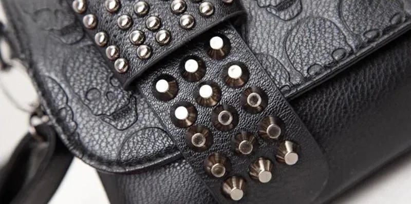 Yogodlns Women Black Leather Messenger Bags Fashion Vintage Messenger Cool Skull Rivets Shoulder Bags sac a main bolsa