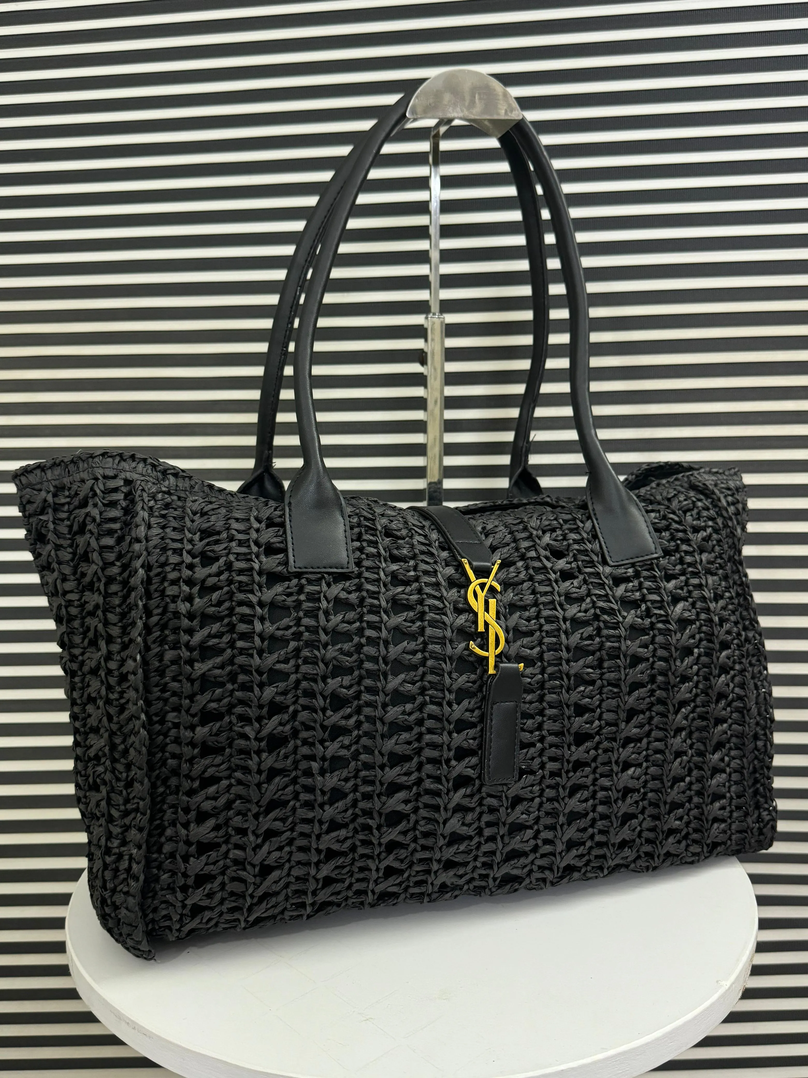 YSL Saint Laurent Panier Leather-Trimmed Raffia Tote Bag