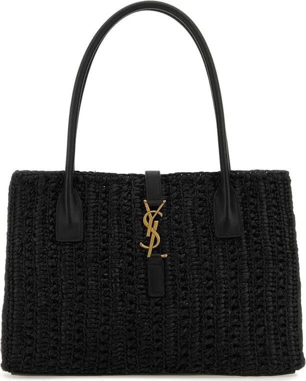YSL Saint Laurent Panier Leather-Trimmed Raffia Tote Bag