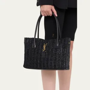 YSL Saint Laurent Panier Leather-Trimmed Raffia Tote Bag