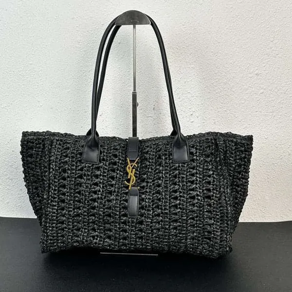 YSL Saint Laurent Panier Leather-Trimmed Raffia Tote Bag