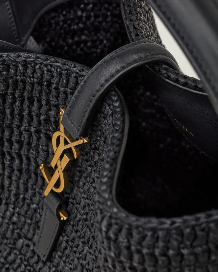 YSL Saint Laurent Panier Leather-Trimmed Raffia Tote Bag