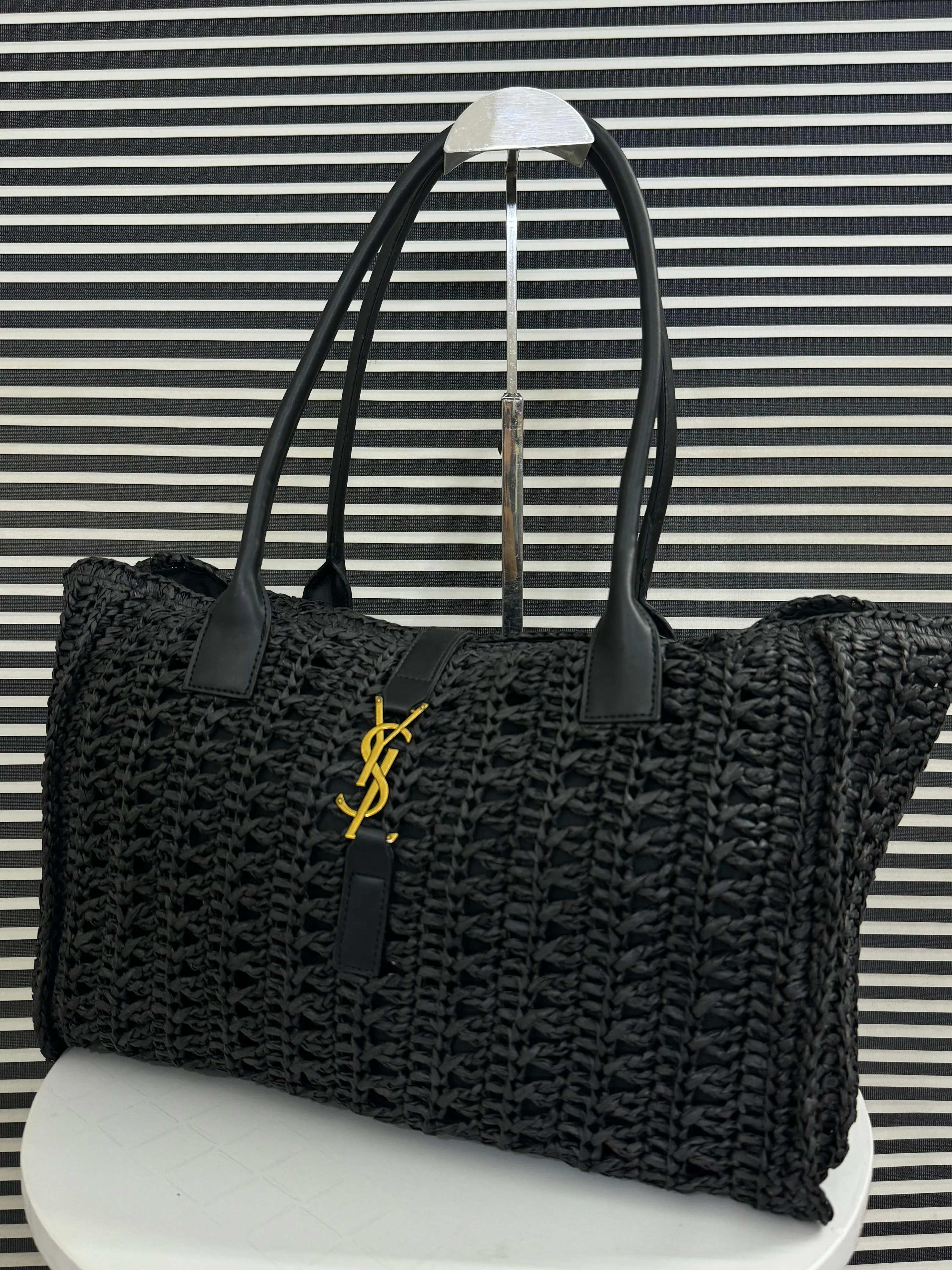 YSL Saint Laurent Panier Leather-Trimmed Raffia Tote Bag