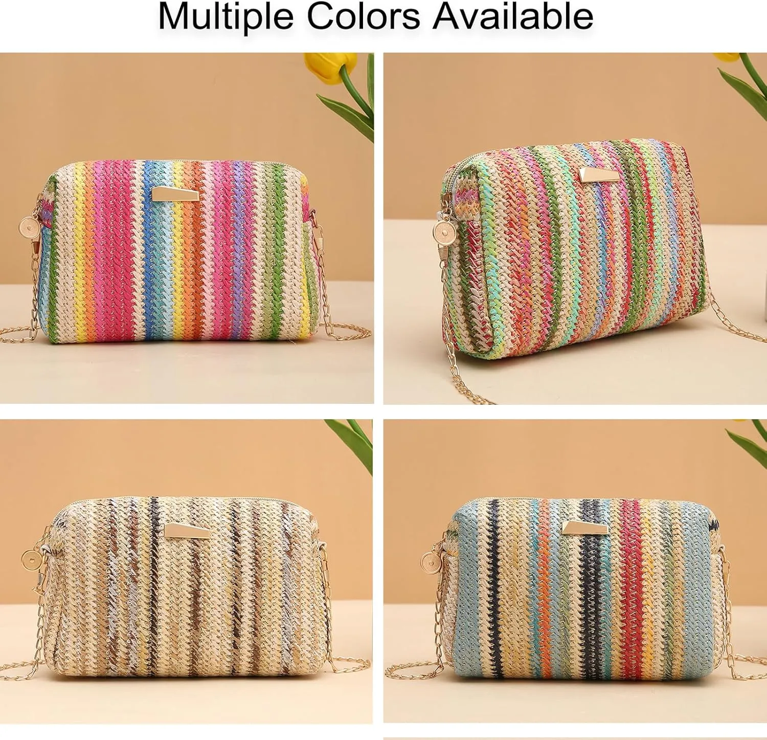 YYW Colorful Straw Bag Women Woven Beach Bags Rainbow Pattern Shoulder Bag Spring Summer Purse