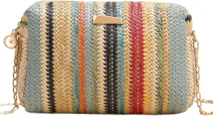YYW Colorful Straw Bag Women Woven Beach Bags Rainbow Pattern Shoulder Bag Spring Summer Purse