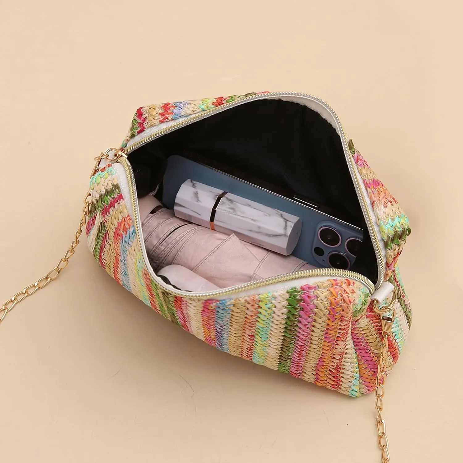 YYW Colorful Straw Bag Women Woven Beach Bags Rainbow Pattern Shoulder Bag Spring Summer Purse