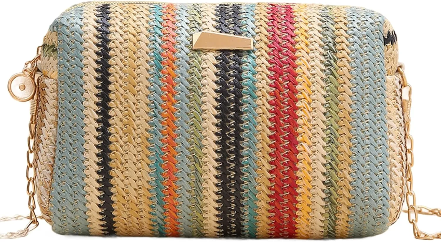 YYW Colorful Straw Bag Women Woven Beach Bags Rainbow Pattern Shoulder Bag Spring Summer Purse