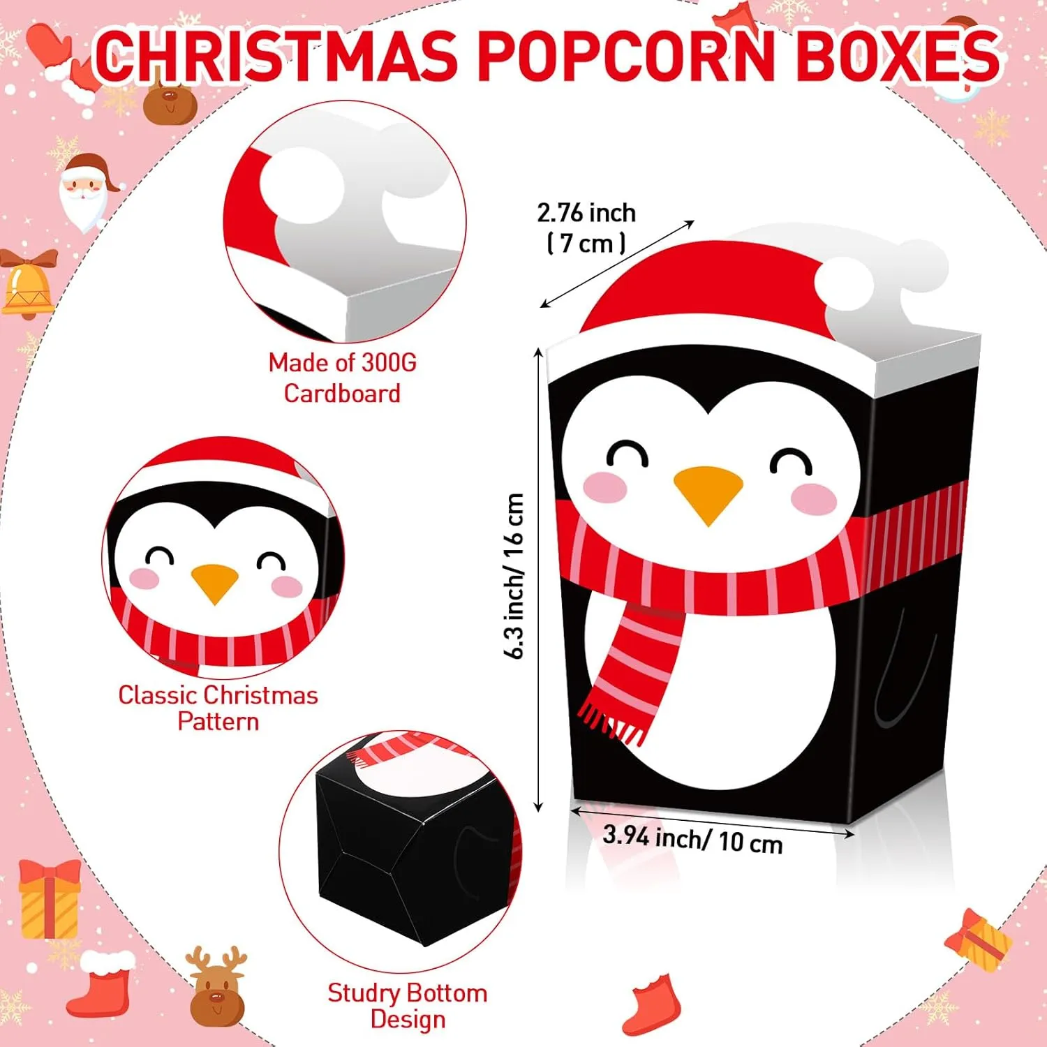 Zhanmai 60 Pcs Christmas Popcorn Boxes Christmas Treat Candy Boxes Xmas Reindeer Snowman Santa Claus Elf Paper Party Favor for Xmas Popcorn Cookie Goodie Gift Supplies Decor, 6 Designs